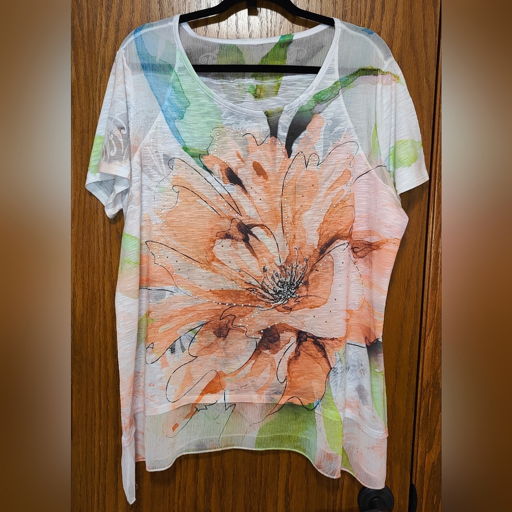 Women's Floral with Metal Studs Tunic Tee Shirt Top, Size L